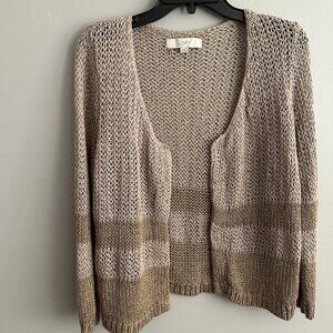 LOFT M Cardigan Tan Gold Sparkle 3/4 Sleeves Open-Knit Front Stripes Metallic